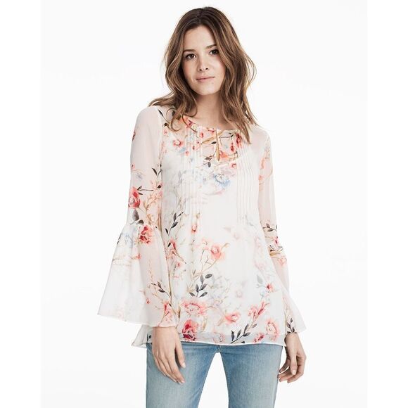 White House Black Market White & Pink Floral Print Mimosa Flutter Sleeve Chiffon - Picture 2 of 16